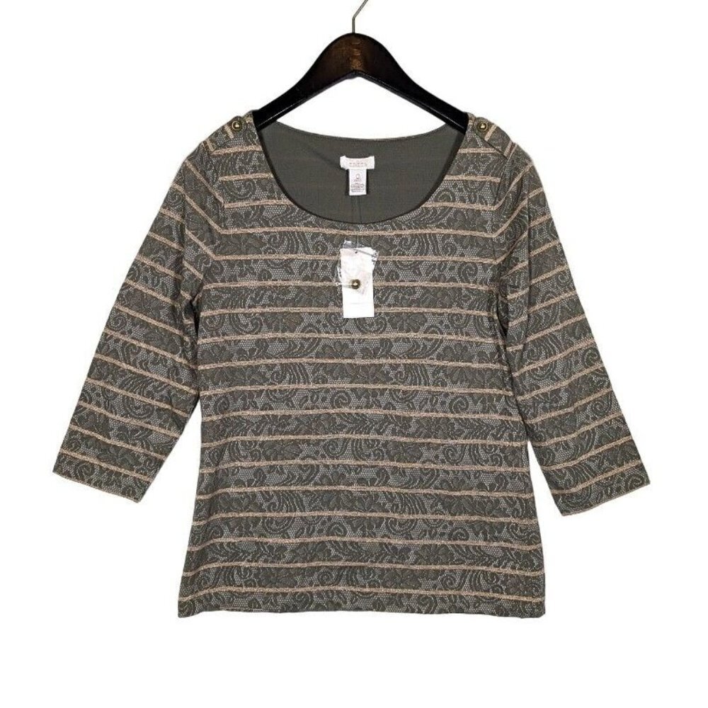 Chicos Size 0 (Small) Lani Top Women Green Metallic Striped Tab Shoulder Floral